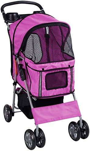 Pet Strollers Cat Dog 4 Wheels Stroller Travel Folding Easy Walk Carrier (Rose)