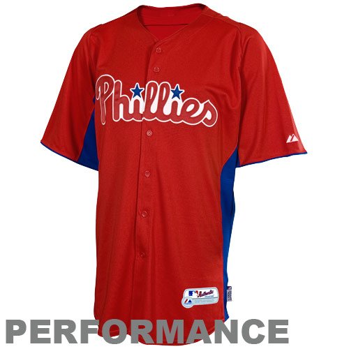 MLB Boys' Philadelphia Phillies Short Sleeve Authentic Button Front Cool Base Batting Practice Jersey (Scarlet/Royal, Medium)