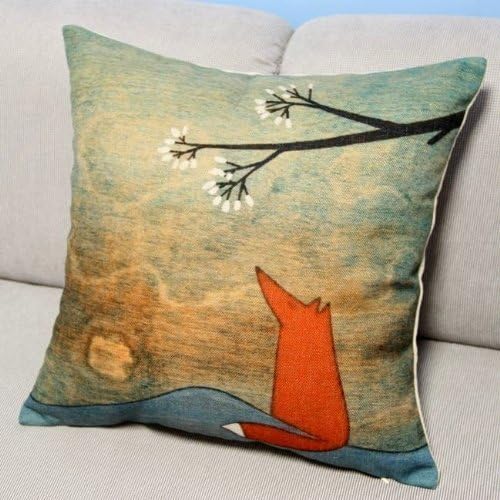 Animal Series Cartoon Style the Lovely Fox Under the Tree Throw Pillow Case Decor Cushion Covers Square 18*18 Inch Beige Cotton Blend Linen