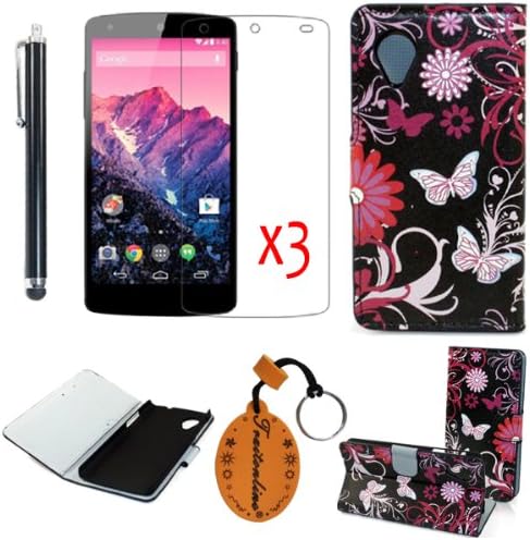 (TRAIT)5IN1 Black Back Butterfly PU Leather Cases Protective Skin Protector Covers Mate For Google LG nexus 5 Flip Cover Folio Case Stand Holder With Credit Card Slot+3*Screen Protector+Touch Pen