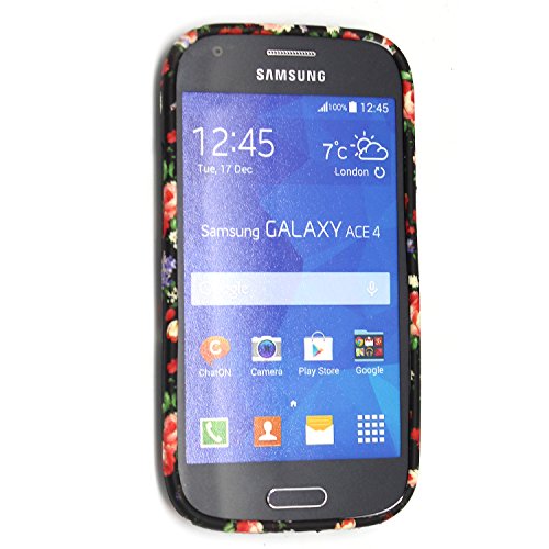  Samsung Galaxy Ace 4 SM-G357 / G357FZ Gel Rubber Silicone Protection Case Cover +STYLUS (Flowers Roses on Black)