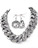 Hematite Metal Look Acrylic Rhinestone Necklace and Earrings Set