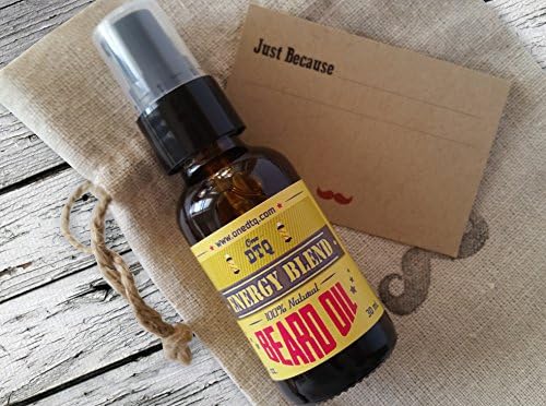 "Just Because" OneDTQ Beard Care Gift for Him Includes: a 1 oz. bottle of Energy beard oil in a rugged, mustache stamped linen pouch and Just Because gift card