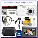 Pentax Optio P70 12MP Digital Camera (White) + Pentax PTX-L40 Leather Optio Series Case + Transcend 16GB SDHC Secure Digital Memory Card + Willoughby's 7" Digital Photo Frame Package