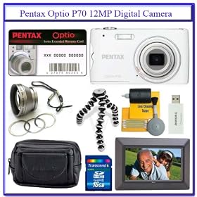Pentax Optio P70 12MP Digital Camera (White) + Pentax PTX-L40 Leather Optio Series Case + Transcend 16GB SDHC Secure Digital Memory Card + Willoughby's 7
