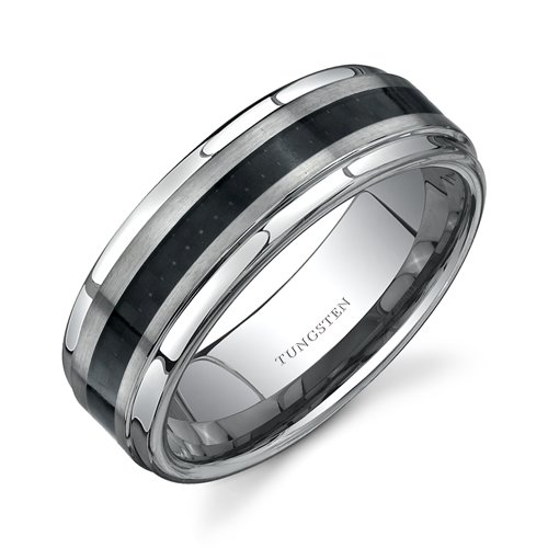  Revoni Tour de Force - Bague alliance en Tungstène brossé avec Fibres de carbone noires - Inspiration arrondi pour homme - Larg. 8 mm - Taille 68