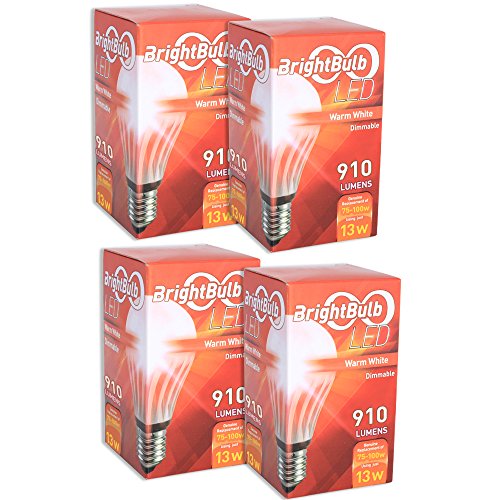 LED Light Bulb- BrightBulb LED LightBulbs A19, High Efficiency,, Warm White (13W = 75-100W Traditional, Dimmable (4 Pack))