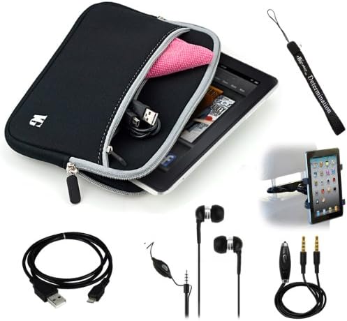 Black - Gray Trim Slim Protective Soft Neoprene Cover Carrying Case Sleeve with Extra Pocket // Fits Anywhere// For Amazon Kindle Fire Full Color 7" Multi-touch Display, Wi-Fi (Newest Tablet) + Includes a Black Micro USB Data Sync Cable + Auxilary Cable ( AUX Connectivity ) + Adjustable HeadRest Car Mount Kit + High Quality Noice Reducer MP3 Handsfree Earbuds Earphones with Mic