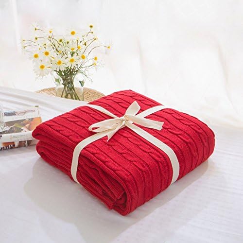 CottonTex Cotton Knitted Cable Throw Soft Warm Cover Blanket Cable Knitting Pattern (43''x70'', Red)