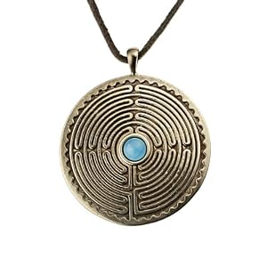 Labyrinth Peace Bronze Pendant Necklace with 6mm Smithsonite Gemstone on Adjustale Natural Fiber Cord