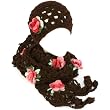 Winter Set Crochet Flower Hand Knit Beanie Skull Ski Cap Hat with Scarf Shawl Brown