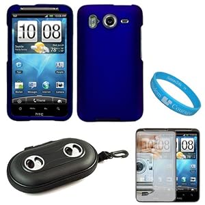 Blue Durable Protective Rubberized Crystal Hard Case Cover for AT&T Wireless New HTC Inspire 4G Android Smart Phone + Mirror Screen Protector + Includes Black Portable Multi Purpose Case with Built in Audio Speakers + SumacLife TM Wisdom Courage Wristband