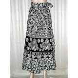 Gift for Mother- Black White Elephant Print Cotton Wrap Around Skirts 40" Long Free Shipping