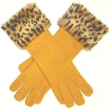 One Size Golden Yellow Angora Wool Gloves Reinforced By Nylon Fibers Trimmed with Leopard Fur Cuff