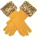 One Size Golden Yellow Angora Wool Gloves Reinforced By Nylon Fibers Trimmed with Leopard Fur Cuff