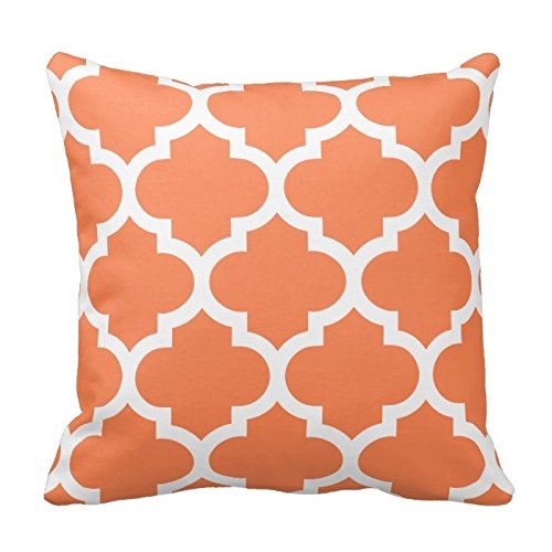 Poppy-Baby Nectarine Orange and White Decorative Cushion Covers Throw Pillow Case Moroccan Quatrefoil Pattern Print Square Two Sides 18X18 Inch
