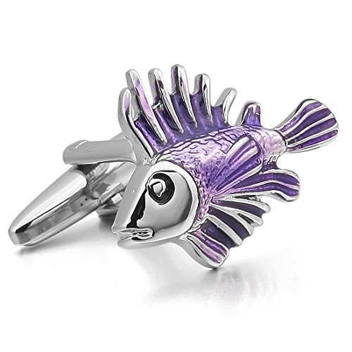 Men's 2 PCS Rhodium Plated Enamel Cufflinks Purple Silver Tone Tropical Fish Shirt Wedding Business 1 Pair Set