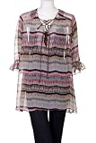 Care N Sport Variegated Stripe Sheer Chiffon Pattern Ribbon Lace Up V Neck Ruffled 3/4 Length Sleeves Loose Fitting Peasant Blouse Pink Plus Size