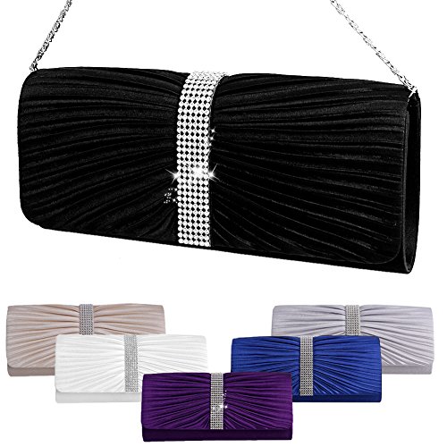 Padoora Womens Elegant Pleated Satin Rhinestone Fashion Clutch Handbags Evening Bag