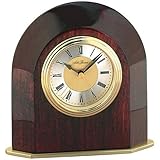 Seth Thomas Baron Brown Mahogany Finish Wood Case with Gold Tone Bezel Silver and Gold Dial Small Arch Alarm Mantel and Desk Clock