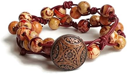 2X Leather Wrap Bracelet with Printed Wood Beads