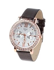 Quartz PU Leather Wrist Watch Analog Watch Timepiece with Rhinestones & 3 Sub-Dials Decor for Woman Lady - Brown SWWM5-58497