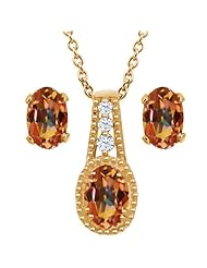 2.13 Ct Oval Ecstasy Mystic Topaz 14K Yellow Gold Pendant Earrings Set
