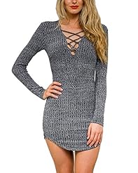 Sweater Long Sleeves Winter Knit Lace-Up Jumper/Mini Dress 