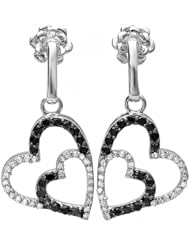 0.60 Carat (ctw) 10k White Gold Round Black & White Diamond Ladies Double Heart Dangling Earrings
