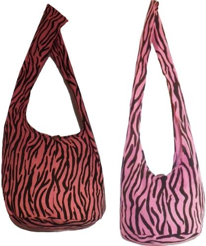 Pink Zebra Combo Jumbo & Sling Cross Body Shoulder Hippie Hobo Thai Cotton Boho, Beach, Gym, Craft, Grocery Bags Fishing Lunch Messenger Weekender Carry-on Bags and Purses by Audrey Slavich
