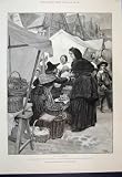 1888 Market Scene Woman Pipe Tobacco Old Print