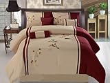 11 Piece Queen Burgundy and Tan Floral Embroidered Bed in a Bag Set