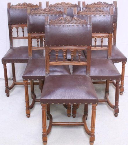 Nice Antique French Carved Henry II Set 6 Dining Chairs