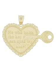 14k Yellow Gold, Sharing Heart and Key Pendant Charm Two in One for Lovers Couples