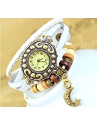 KANO BAK(TM) Vintage Wrap Around Leather Retro Weave Wrap Quartz Bracelet Woman Unisex Star Moon Gift Watch White
