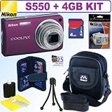 Nikon Coolpix S550 10MP Digital Camera (Plum) + 4GB Accessory Kit