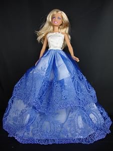 A Violet and White Dress with Glitter on the Lace and a White Fur Boa Made to Fit the Barbie Doll