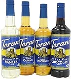 Torani Sugar Free Syrup Variety Pack for coffee, 25.4 Ounce (Pack of 4) one each of Sugar free: Vanilla, Caramel, Hazelnut and Chocolate