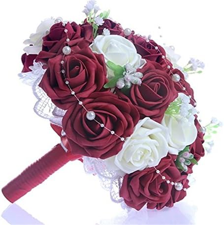 charm wedding bouquet real touch Roses with Pearls Chain Beautiful Ribbon Bridal Wedding flower toss bouquet red wine white