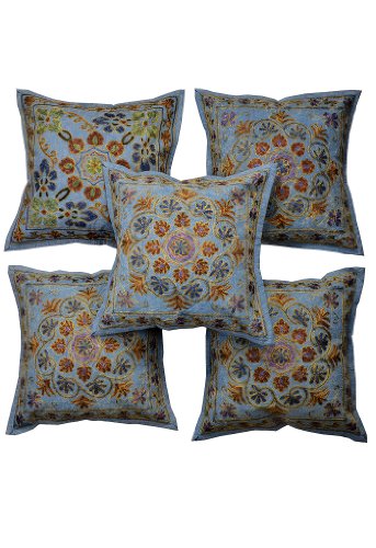 Imagen principal de Cojín de algodón indio cubre con bordado Tamaño de trabajo 17 x 17 pulgadas Juego de 5 piezas