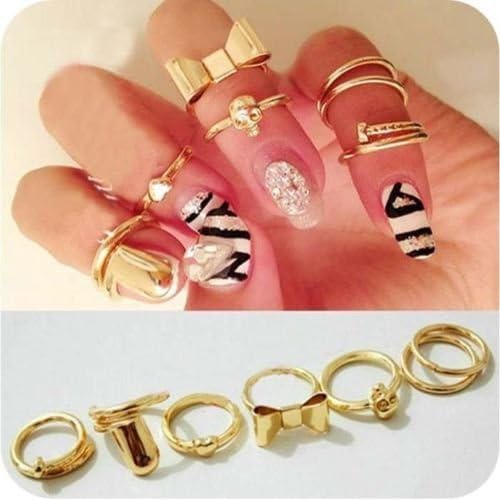7pcs Punk Beauty Skull Bow Heart Above Knuckle Nail Band Golden Mini Rings Sets