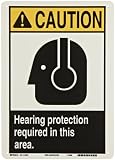 Brady 45072 14 Height, 10 Width, B-401 Plastic, Black And Yellow On White Color ANSI Z535 Safety Sign, Legend Caution, Hearing Protection Required In This Area (With Picto)