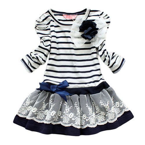 Urparcel Girls Bowknot Striped Tutu Dress Party Long Sleeve T-shirt Skirt 2-7y