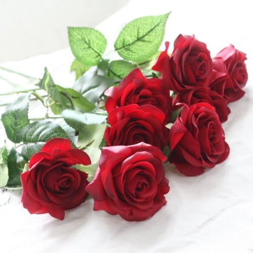 Golden Lotus 10 Pcs Romantic Real Touch Artificial False Latex Silk Blooming Roses Bouquet Floral Leaf for Home Wedding Party Garden Bridal Hydrangea Decorations DIY (Red rose)