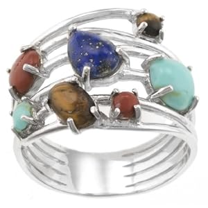 Sterling Silver Turquoise, Lapis, Tiger Eye, Red Jasper Multi-Stone Ring