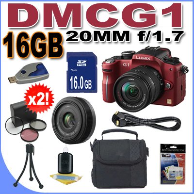 Panasonic Lumix DMC-G1 12.1MP Digital Camera with Lumix G Vario 14-45 mm f/3.5-5.6 Lens (Red) Panasonic LUMIX G 20mm f/1.7 Aspherical Pancake Lens BigVALUEInc Accessory Saver 16GB HD Bundle