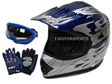 TMS Youth Blue Flame ATV Dirt Bike Motocross Helmet with Goggles and Gloves (Medium)