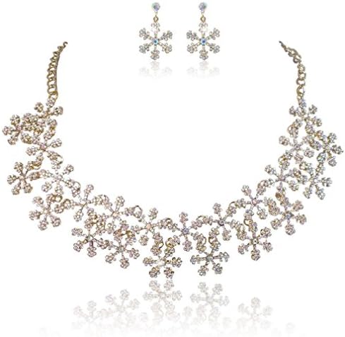Fancy Christmas Snowflake Lady Necklace Earrings Set Clear Ab Austrian Crystal Golden Tone