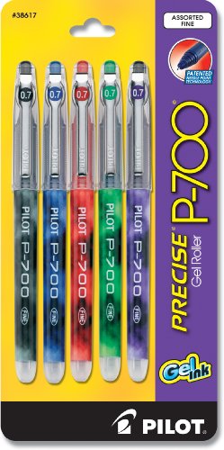 Pilot Precise P-700 Gel Ink Rolling Ball Pen, Fine Point, 5-Pack, Assorted Colors, Black/Blue/Red/Green/Purple Inks (38617)