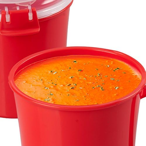 2 Microwave Soup Mug Red Cup Bowl With Lid Heat Serve Portable Meal Containers